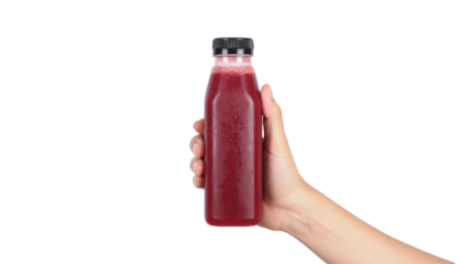 hand holding cold pressed juice bottle on white background png