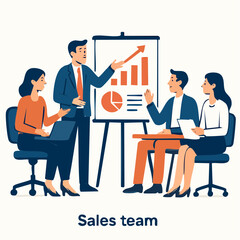 A team presentation about sales growth, with a chart and a rising arrow, in a business meeting.