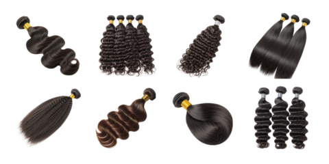 Set of black and brown human hair bundles in straight, wavy, and curly textures for extensions and wigs on white background