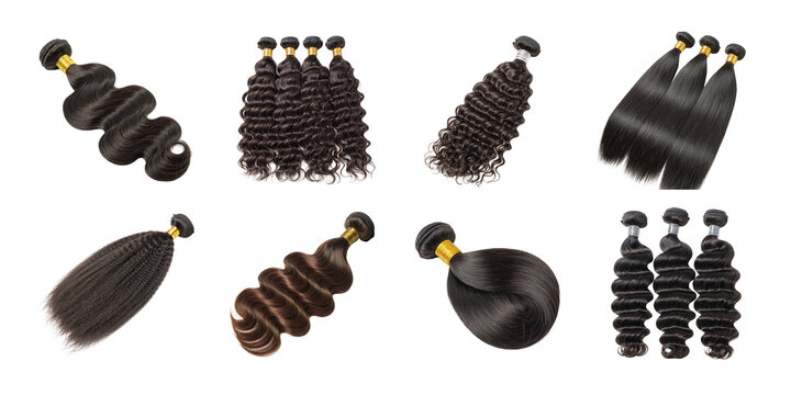 Set of black and brown human hair bundles in straight, wavy, and curly textures for extensions and wigs on white background
