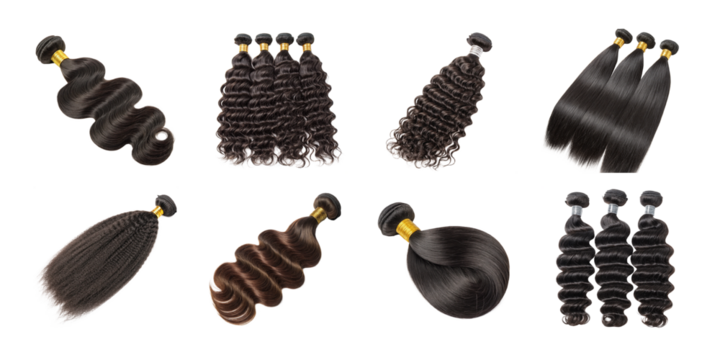Set of black and brown human hair bundles in straight, wavy, and curly textures for extensions and wigs on white background