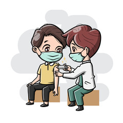 Masked doctor vaccinates patient. Medical cartoon illustration for healthcare blogs, social media posts, medical websites, educational materials, and infographics.