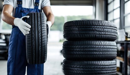 Mechanic handling a tire in a garage