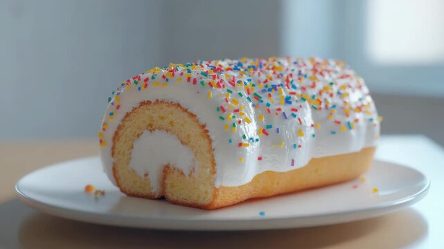 A delicious, colorful pasty with a cream filling and vibrant sprinkles on top. Perfect for parties or as an alternative to traditional birthday cakes.