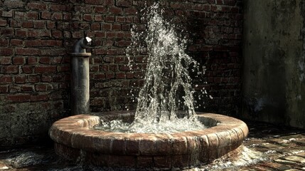 Water fountain cascading in a stone basin with a brick wall in the background on a sunny day