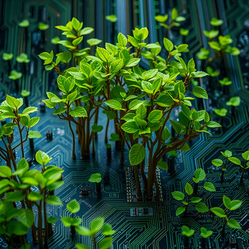 electronic circuit board forest There are trees growing green leaves on the circuit board. Integrated Circuit Analog Multiplexer