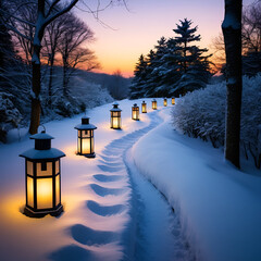 Lanterns illuminating a snowy path at dusk, creating a serene atmosphere