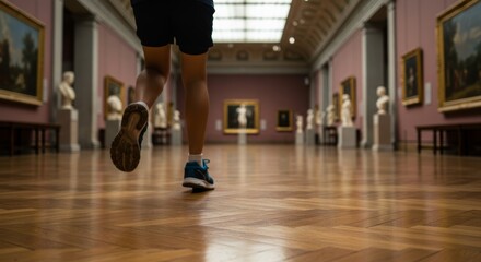 Motion blur capturing legs in stride within refined gallery setting