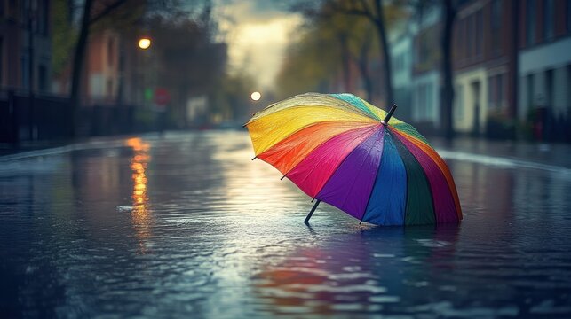 A colorful umbrella lies abandoned in a flooded street on a rainy day with buildings in the background