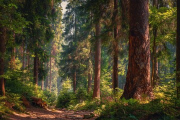 Sunlight filters through a dense forest