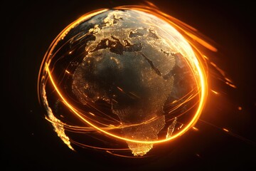 Earth encircled by fiery streaks of light