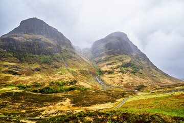 Fototapeta premium Three Sisters, Glencoe Valley, Argyll, Highlands, Scotland, UK