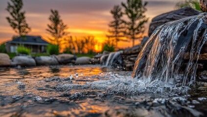 Waterfall cascading into a pond at sunset