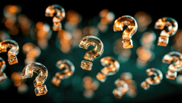 Floating question marks, amber-gold,  clear glass, bokeh - Powered by Adobe