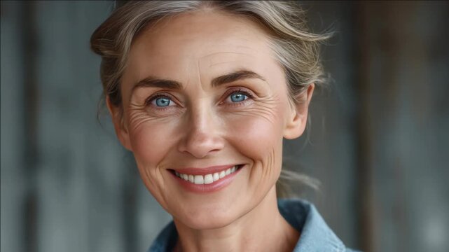 Close-up portrait of a mature woman with noticeable facial wrinkles, exuding a warm and welcoming smile, showcasing her inner happiness and serene expression.