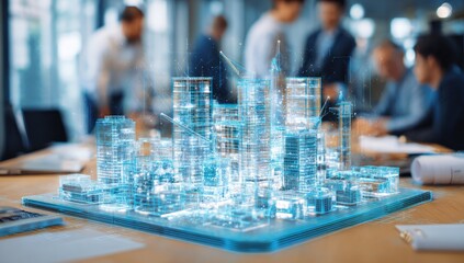 Holographic city model on a table in an office
