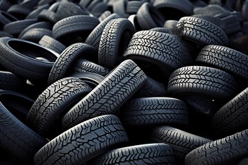 Fototapeta premium A large pile of used black car tires stacked randomly on top of each other in an outdoor setting