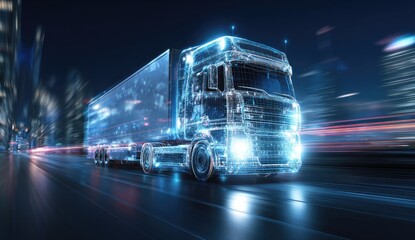 Futuristic translucent truck moving fast on city street at night