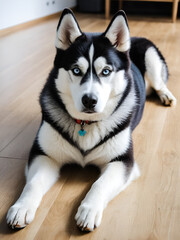 A husky dog laying on the floor