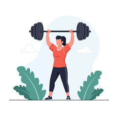Obraz premium A woman in sportswear lifts a heavy barbell overhead, showcasing strength and fitness against a stylized outdoor background.
