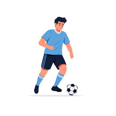 Obraz premium A male soccer player in a blue jersey and dark shorts dribbles a black and white soccer ball.