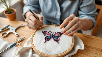 Woman embroider a butterfly. Process of making handmade embroidery. Hobby. Sewing tools. Remote home work.
