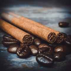 Concept of unhealthy lifestyle, unhealthy breakfast. Three cigarettes lying on a roasted coffee beans. Composition with cigarettes and coffee beans. 