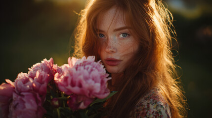 Naklejka premium Portrait of a redhead holding a bouquet of peonies, golden hour outdoors, romantic editorial style --ar 16:9 --v 7 Job ID: b5adc2d6-92e5-4265-80e9-04282ca87093