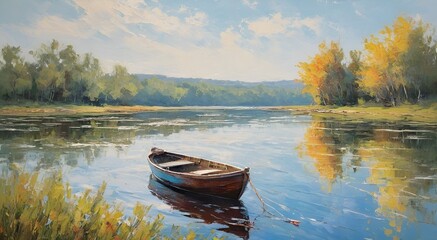 Fototapeta premium Rowboat on Tranquil Lake with Autumn Trees Painting