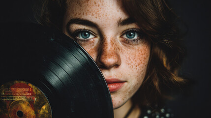 Young freckled woman with serene expression holding vinyl record against dark background 