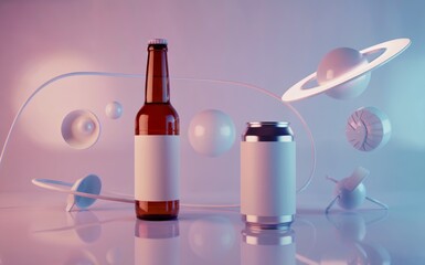 Craft Beer Bottle Aluminum Can Mockup Retro Drink Design Packaging Cosmic Theme Modern Art Product Placement 3D