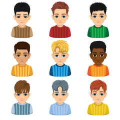 Set of young boys faces or portraits of different nationalities