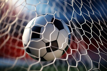 Fototapeta premium A close up view of a soccer ball caught in the white netting of a goal on a blurred background