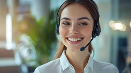 A cheerful customer service representative. A portrait captures a woman with a headset, smiling warmly, suggesting exceptional customer support, offering an approachable, friendly face. - Powered by Adobe