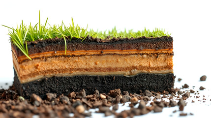 Photo of a cross-section showing different layers in soil with grass and dirt on a white background, close-up view, in natural light