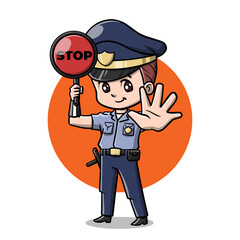 Police officer with stop sign suitable for traffic safety concepts, childrens illustrations, educational materials, and presentations.