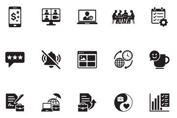 Business Communication and Remote Work Icons Set – Flat Black Pictograms