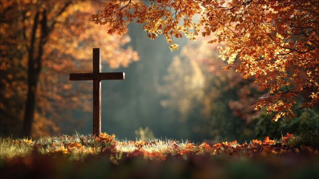 Wooden cross stands in a colorful autumn forest with sun rays shining through. Great for religious blogs, church websites, or fall season spiritual themes.