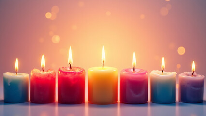 Lit candles in a row with a warm, soft glow background