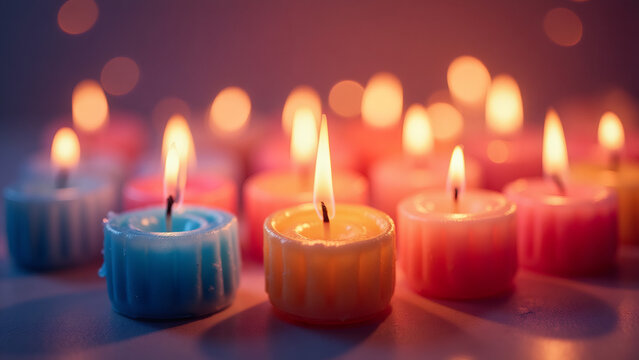 Close-up of lit colorful candles creating a warm, romantic atmosphere