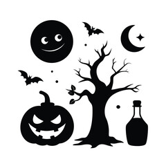 Creepy smiling pumpkin with full moon halloween graphic set silhouette