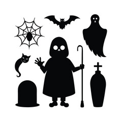 Collection of six spooky halloween themed silhouettes featuring a grim reaper and other iconic figures silhouette