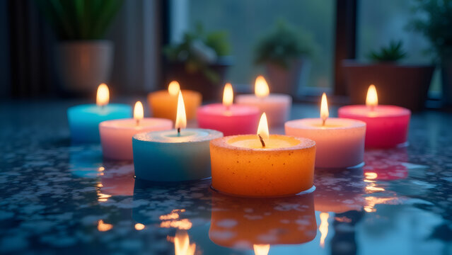 Burning candles glow brightly on a reflective surface in a serene setting