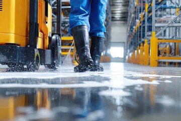 Warehouse worker cleaning a concrete floor with a pressure washer