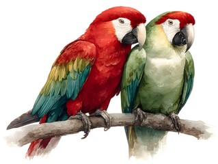 Obraz premium Watercolor illustration of two vibrant parrots perched closely together on a branch against white background.