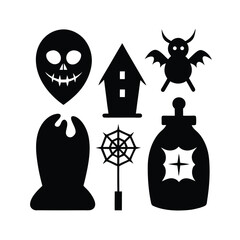 Halloween black icon set featuring candy bag and tombstone silhouette