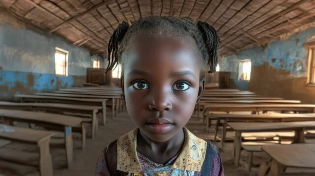 A young girl in a deserted classroom, possibly in an impoverished area. The scene suggests the challenges faced by education in underdeveloped regions.