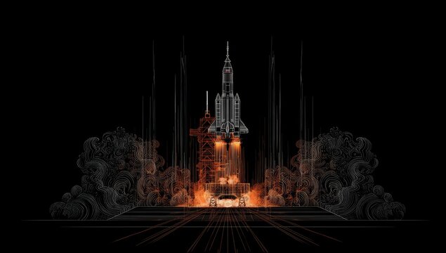 A stylized depiction of a space shuttle launch