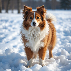 A brown and white dog stands in the snowy landscape, its fur fluffed up against the cold