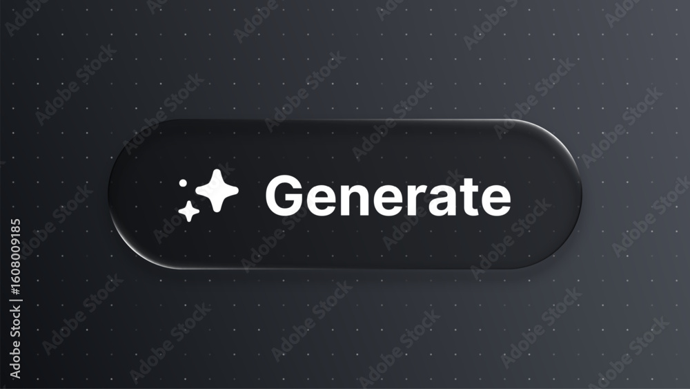 Poster black gloss button with generate text. liquid glass black vector. glass morphism style ui element fo